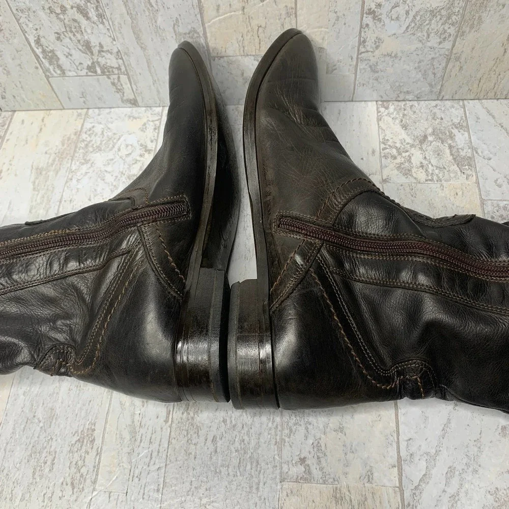 Mally Tall Riding Boots Women Size 41 Brown Leather Closed Toe Low Heel Side Zip